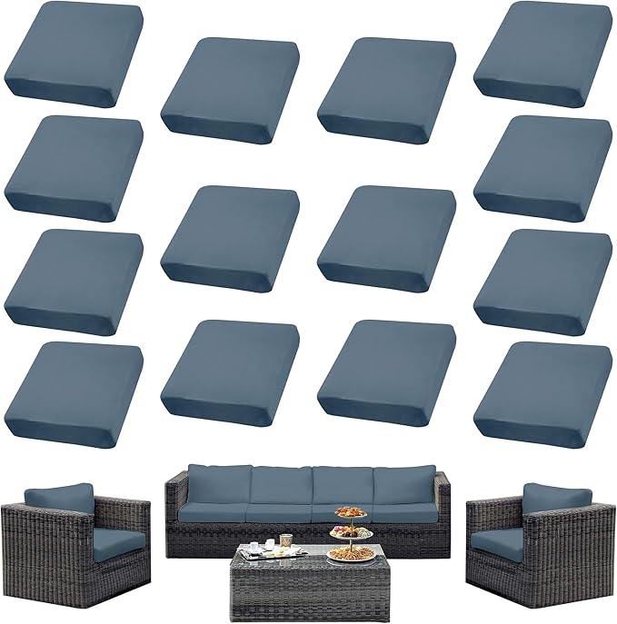 14Pcs Outdoor Cushion Covers, Patio Cushion Covers,Stretch Elastic Slipcovers, Replacement Washable & Reusable Furniture Protector for Patio Couch (Gray-Blue,Cover Only)