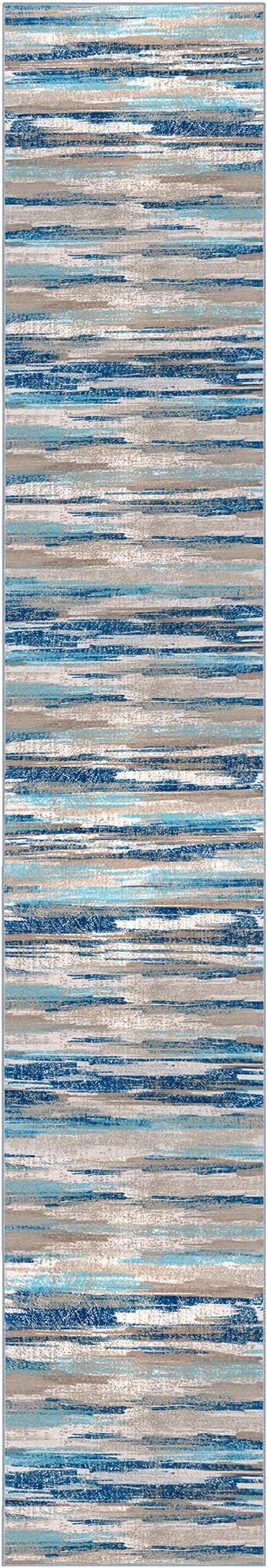 Lansny Modern Abstract Runner Rug 3x16, Blue Washable Long Kitchen Runner Non-Slip Soft Hallway Rug Runner Ultra Thin Print Faux Wool Carpet for Entryway Bedroom Laundry Room Indoor Home Decor