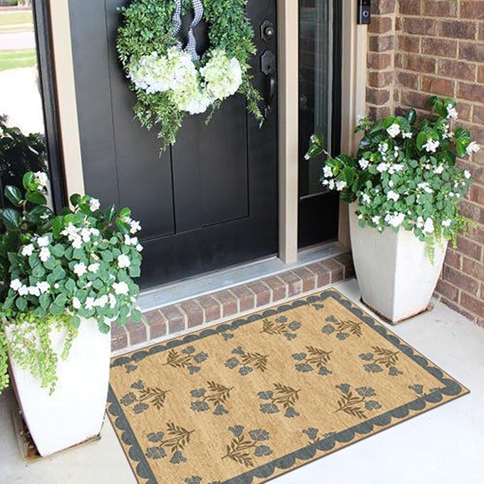 Front Door Mat Outside Entrance - 2x3 Floral Non-Slip Washable Doormat Indoor Outdoor Mat Jute-Look Farmhouse Blue Scalloped Entry Rug Small Throw Rugs for Entryway Kitchen Front Porch Decor