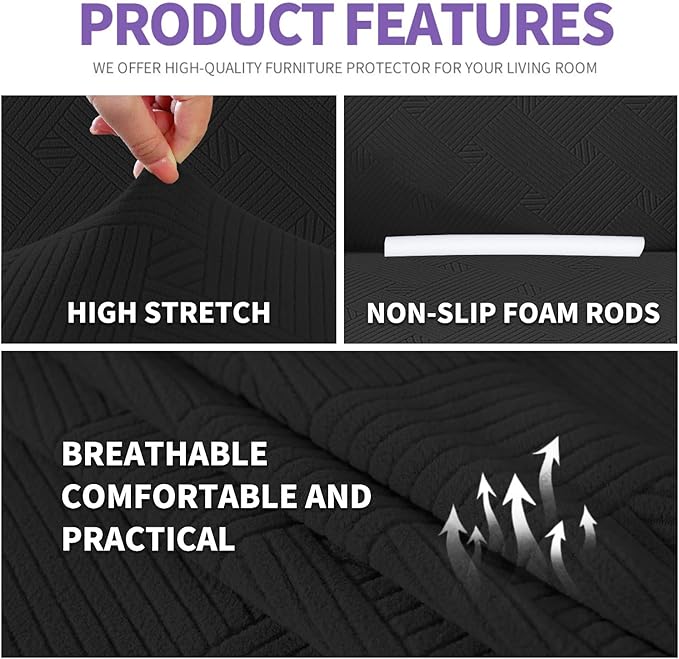 ZNSAYOTX Oversized Super Stretch Couch Cover (92"-115"), New Striped Sofa Covers Comfortable & Durable, Dog Cat Pets Friendly Extra Large Spandex Sofa Slipcovers (Black, XL Sofa)