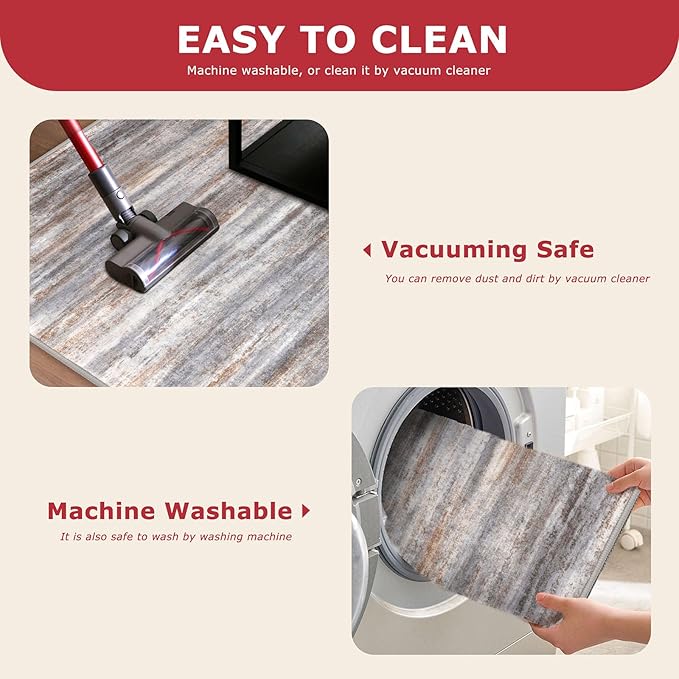 KOZYFLY Modern Abstract Kitchen Runner Rug, 2x6 Washable Rug Runner Non-Slip Soft Striped Hallway Runner Rugs, Grey Brown Print Carpet Runner for Entryway Bathroom Laundry Room Foyer
