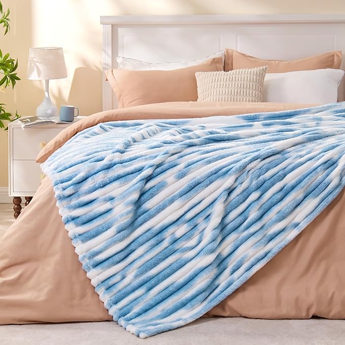 BEDELITE Twin Blanket for Couch & Bed, 300GSM Soft & Warm Fleece Blanket, Decorative and Giftable Striped Tie-dye Blue Blankets for Women, Men, 60"x80"