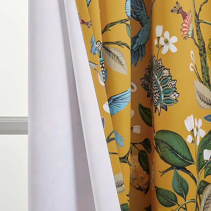 Topfinel 80 Inches Long Custom Mustard Yellow Luxury Curtains for Living Room Bedroom, Blackout Vintage Victorian Curtains Floral Lemon Hummingbird Printed Grommet Drape 80 Inch Length