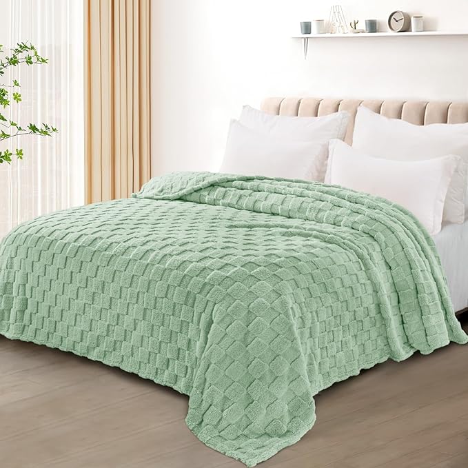 Exclusivo Mezcla Twin Size Flannel Fleece Blanket, Super Soft and Warm Lightweight Checkered Pattern Blanket for All Seasons, 60x80 Inches, Sage Green
