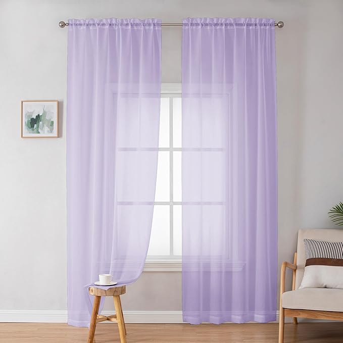 OWENIE Lavender Sheer Curtains 72 Inches Long Set of 2, Airy Sheer Curtains & Drapes for Living Room Bedroom, Solid Voile French Door Curtain Rod Pocket Top, Light Purple, 2 Pcs Total 84 inch Width