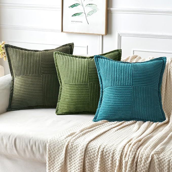 MIULEE Decorative Throw Pillow Covers for Couch Bed Livingroom 16x16 Inch Set of 2 Teal Blue Boho Accent Throw Pllows Broadside Striped Patchwork Soft Corduroy Summer Coastal Pillowcases