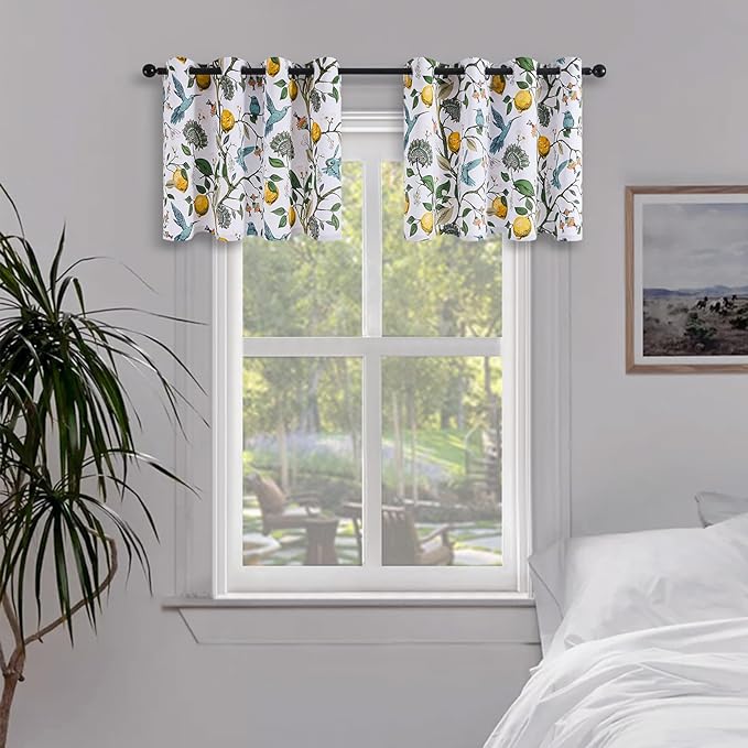 Topfinel White Kitchen Room Darkening Valances 24 Inch Length Vintage Botanical Floral Hummingbird Thermal Insulated Grommet Small Window Curtains for Track Laundry Kitchen, Camper 2 Panels