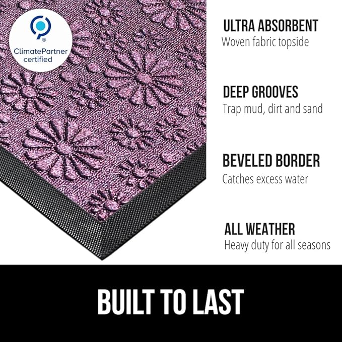 GORILLA GRIP 100% Waterproof All-Season WeatherMAX Doormat, 23x35, Durable Natural Rubber, Stain and Fade Resistant, Low Profile, Indoor Outdoor Doormats, Easy Clean Entry Mat, Purple Confetti Daisy