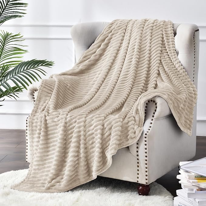 BEDELITE Fleece Blanket Queen Size – 3D Ribbed Jacquard Soft and Warm Decorative Fuzzy Blankets – Cozy, Fluffy, Plush Lightweight Throw Blankets for Couch, Bed, Sofa(Linen, 90x90 inches)