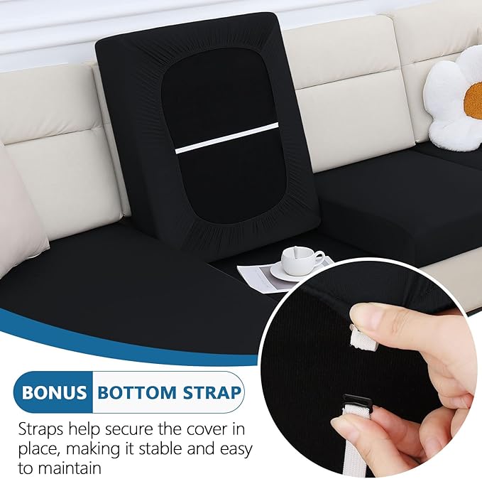 hyha Milk Silk Couch Cushion Covers, Soft Magic Sofa Covers Washable for 3 Cushion Couch, Stretch Sectional Outdoor Cushion Covers for Patio Furniture with Elastic Bottom(Large, Black)