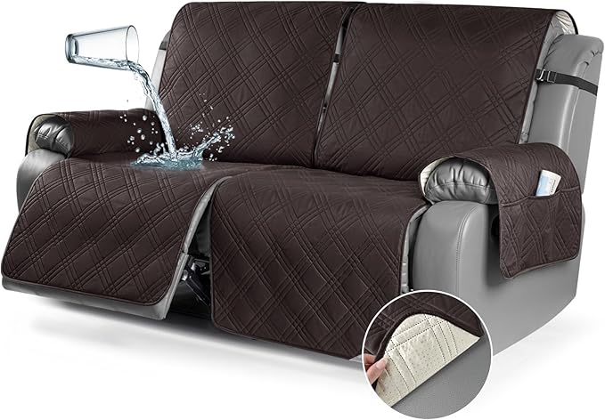 TAOCOCO 100% Waterproof Oversized Loveseat Recliner Cover, Non Slip Split Couch Covers for Reclining Loveseat with Elastic Straps for Kids Pets(Oversized 2 Seater, Coffee)