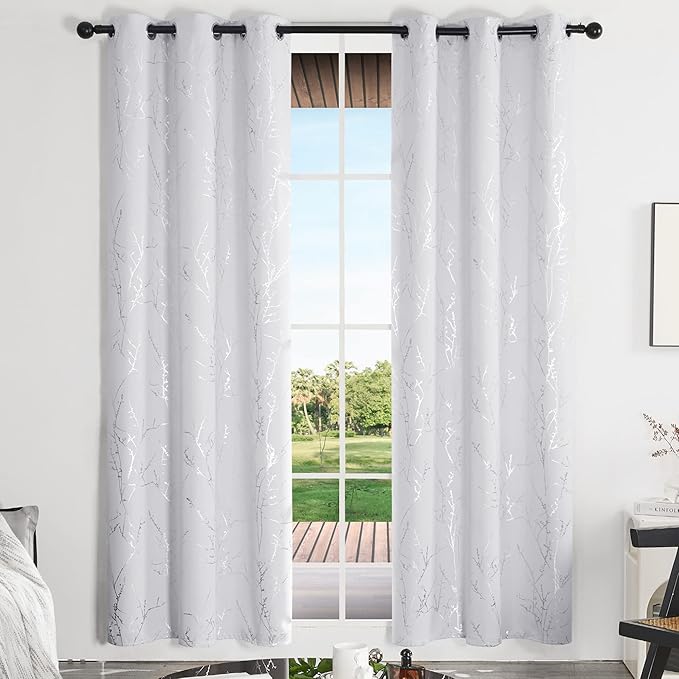 Deconovo Greyish White Curtains, Room Darkening Curtain, Thermal Insulated Soundproof Drapes, Silver Branch Print, 42 x 84 Inch Long, Grommet Window Panels for Living Room Bedroom Nursery, Set of 2
