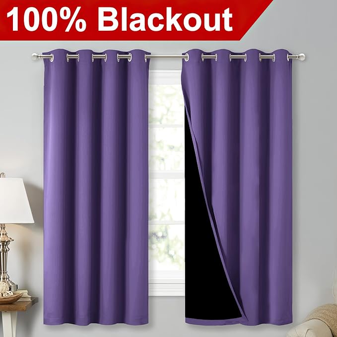NICETOWN 100% Blackout Curtains with Black Liners, Thermal Insulated Full Blackout 2-Layer Lined Drapes, Energy Efficiency Window Draperies for Bedroom (Lilac Purple, 2 Panels, 52-inch W by 63-inch L)