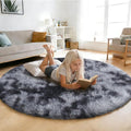 Tie-Dyed Black Fluffy Round Rug,Soft Area Rugs for Girls Room,Shaggy Rugs 3'X3' for Living Room,Non Slip Circle Rug for Kids Bedroom,Shag Plush Nursery Rug,Plush Carpet for Dorm,Cute Furry Room Decor