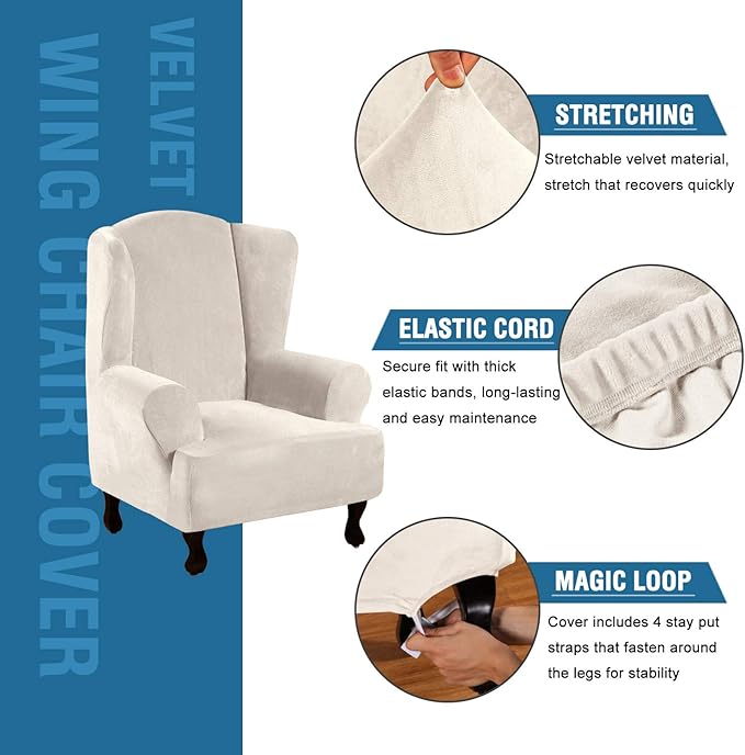 H.VERSAILTEX Wingback Chair Covers Velvet Plush Wing Chair Slipcover 1 Piece High Stretch Wing Back Chair Slipcovers Sofa Cover Furniture Cover with Elastic Bottom, Ivory