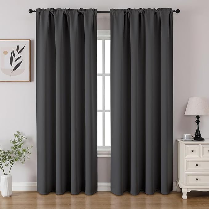 CUCRAF Dark Grey Blackout Curtains 108 inch Length 2 Panels Set, Rod Pocket Room Darkening Drapes for Bedroom Living Room, Insulated Thermal Light Blocking Window Curtain (W52 x L108 Inch)