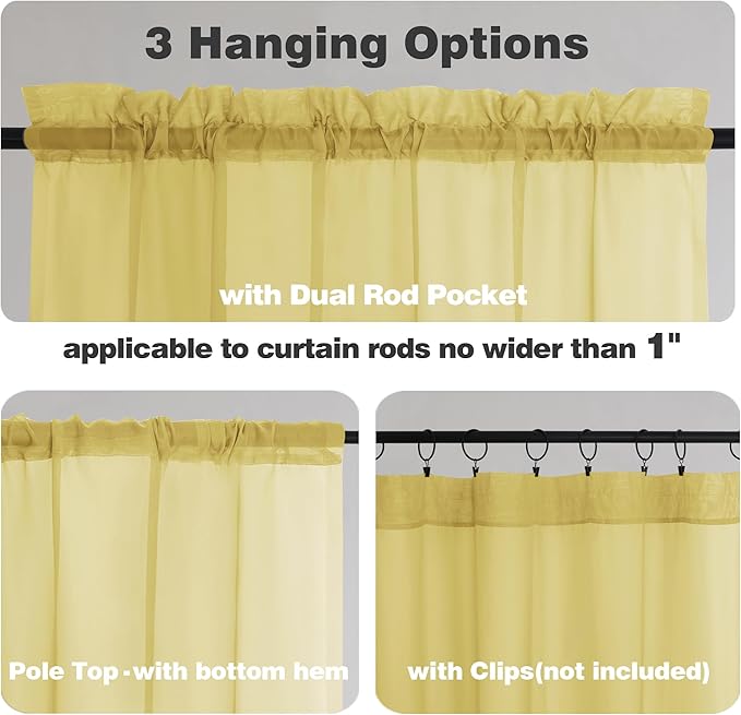 Chyhomenyc Mustard Yellow Sheer Valances for Windows - Light Filtering Small Kitchen Curtains, Short Top Window Treatment Decor for Living Room Bathroom Basement, 42Wx16L inches, 2 Panels