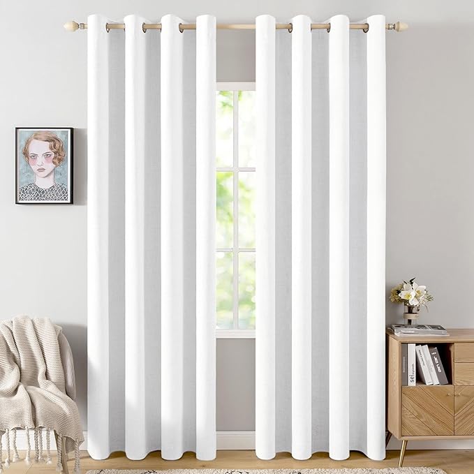 MIULEE 100% Blackout Linen Textured Curtains for Bedroom Solid Thermal Insulated Bright White Grommet Room Darkening Curtains & Drapes Luxury Decor for Living Room Nursery 52 x 96 Inch (2 Panels)