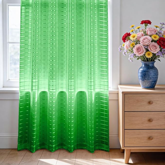 SpaceDresser Check Sheer Curtains 54 Inches 2 Panels Set, Rod Pocket Plaid Window Curtain for Living Room, Green Semi Sheer Drapes for Kitchen Bedroom Children Room Yard（Green, 52W x 54L）