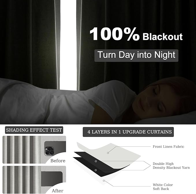Topfinel 102 Inches Long Linen Blackout Curtains for Bedroom Living Room 100% Black Out Thermal Insulated Ring Hooks Room Darkening Drapes Dark Grey Curtain with Back Tab Rod Pocket 52x102 2 Panels