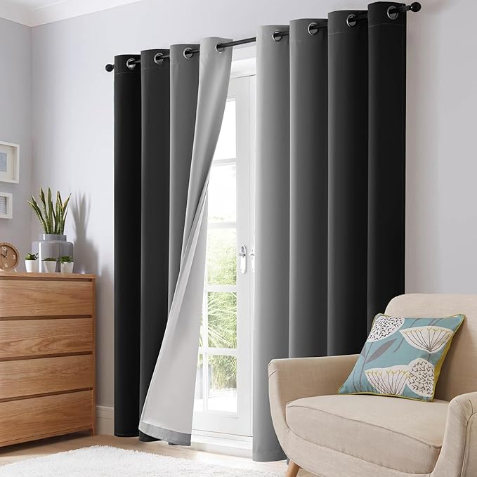 SimpleHome Ombre 100% Blackout Curtains for Bedroom 63 Inches Long, Black with White Liner Room Darkening Thermal Insulated Grommet Curtain/Drapes for Living Room,2 Panels Set