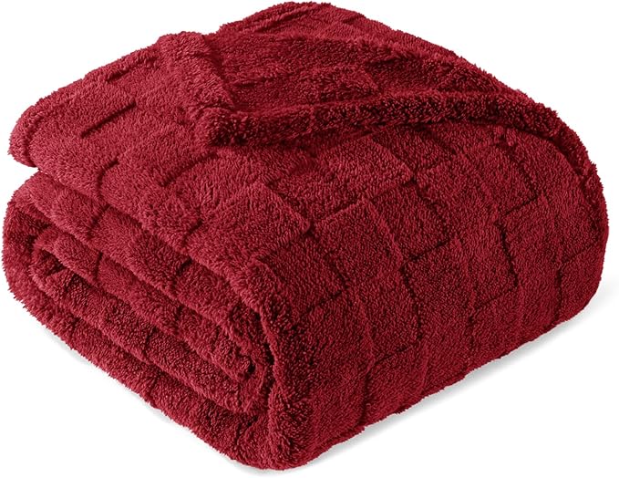 Exclusivo Mezcla Twin Size Flannel Fleece Blanket, Super Soft and Warm Lightweight Checkered Pattern Blankets for All Seasons, 60x80 Inches, Deep Red
