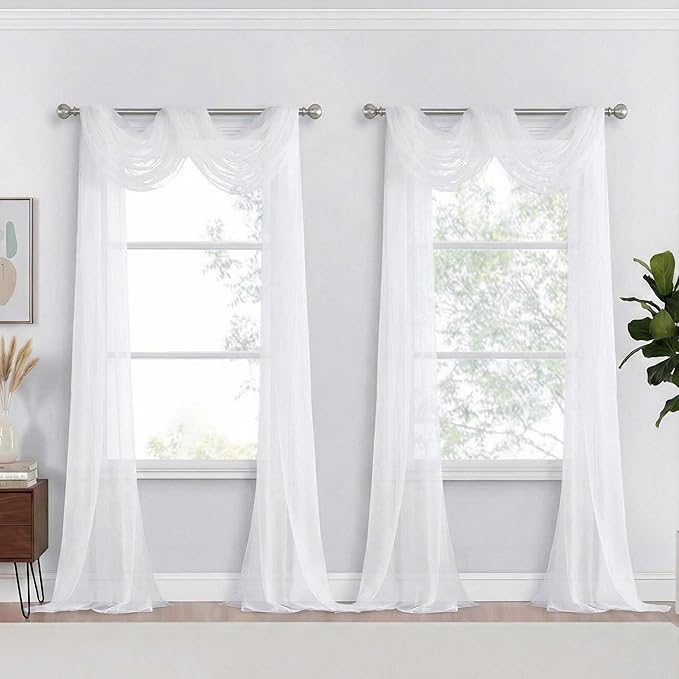White Sheer Curtains 216 Inches Long, Extra Long Light Filtering Modern Scarf Curtains for Wedding Party Ceremony Canopy Decor, Rod Pocket Voile Window Drapes, 2x42Wx216L Inches