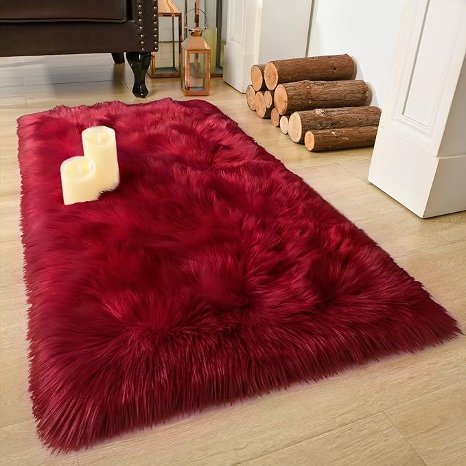 LOCHAS Soft Fluffy Faux Fur Rugs for Bedroom Bedside Rug 2x4 Feet, Washable, Furry Sheepskin Area Rug for Living Room Girls Room, Luxury Shag Carpet Home Decor, Red