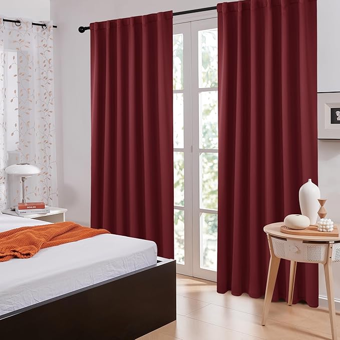 Deconovo Solid Rod Pocket and Back Tab Curtains Thermal Insulated Christmas Curtains Blackout Curtains for Living Room 52Wx84L Inch Burgundy Red Set of 2