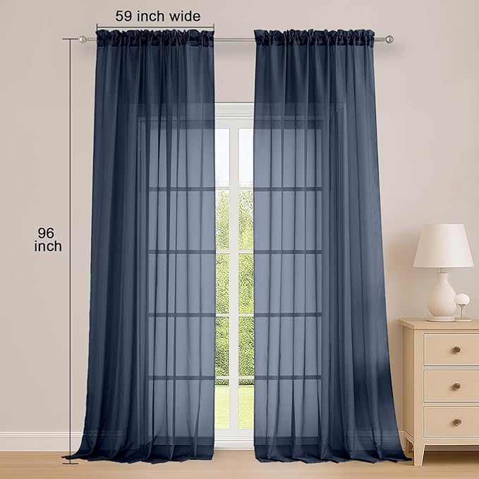 OWENIE Extra Long Navy Blue Sheer Curtains 96 Inches Long 2 Panels Set, Soft Lightweight Airy Voile Sheer Curtain for Bedroom Living Room, Rod Pocket Solid Color Farmhouse Curtains, 59" Wx96 L Inch