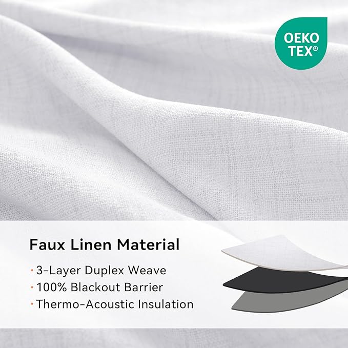 100% Blackout Shield Linen Blackout Curtains for Bedroom, Bright White Grommet Curtains for Living Room, Thermal Insulated Room Darkening Drapes for Nursery, Boho Home Decor, 50" W x 63" L, 2 Panels