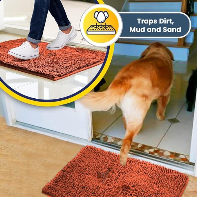 Muddy Mat® | Super Absorbent Door Mat Indoor, Microfiber Quick Dry Chenille Entryway Rug, Non-Slip Front Door Mat, Indoor Mats for Entryway, Machine Washable Pet Rug, Orange 30"x19"