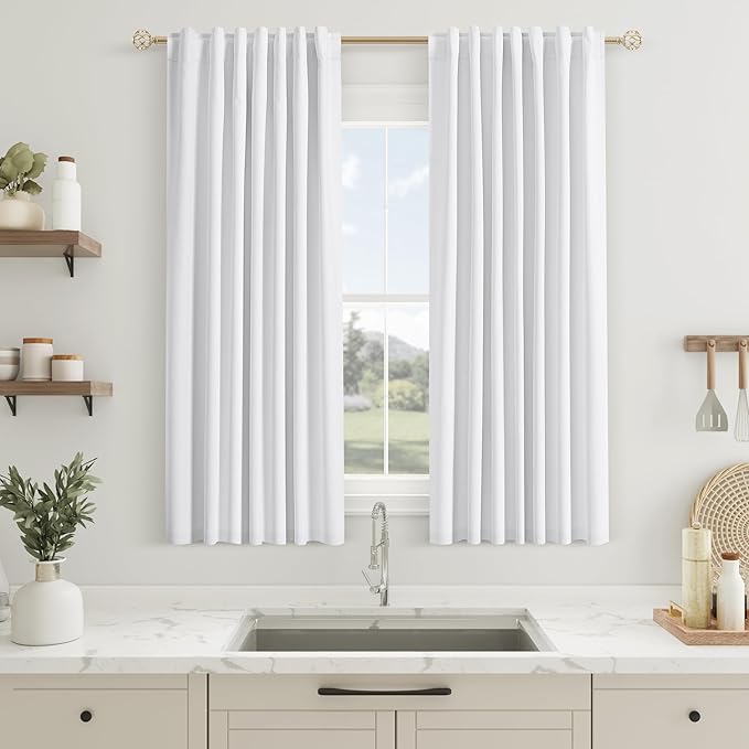Guken White 100% Blackout Linen Curtains 54 Inch Length 2 Panels Set for Living Room Bedroom Back Tab Thermal Insulated Black Out Linen Drapes Room Darkening Window Curtains