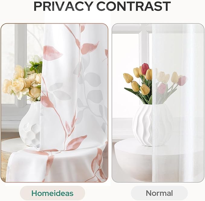 HOMEIDEAS Non-See-Through Pink and White Privacy Sheer Curtains 52 X 96 Inches Long 2 Panels, Leaf Floral Printed Light Filtering Semi Sheer Window Curtains Drapes for Bedroom Living Room