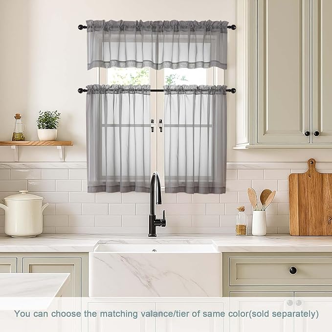 Grey Small Sheer Curtains 2 Panels, Kitchen Curtains 36 Inch Length, Elegant Light Filtering Short Window Drapes for Living Room Bedroom, Dual Rod Pocket, Charcoal Grey, 2x42Wx36L Inches