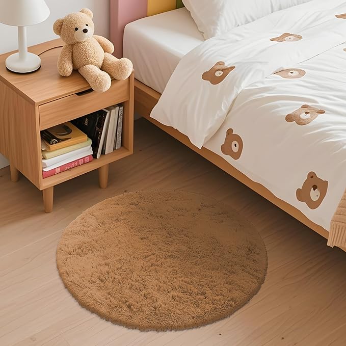 OLANLY Khaki Round Rugs for Bedroom - Machine Washable, 2 ft Circle Area Rugs for Living Room, Soft and Fluffy Shaggy Carpet for Teen Girl and Boys, Nursery Rooms, Dorms, Home Decor Aesthetic