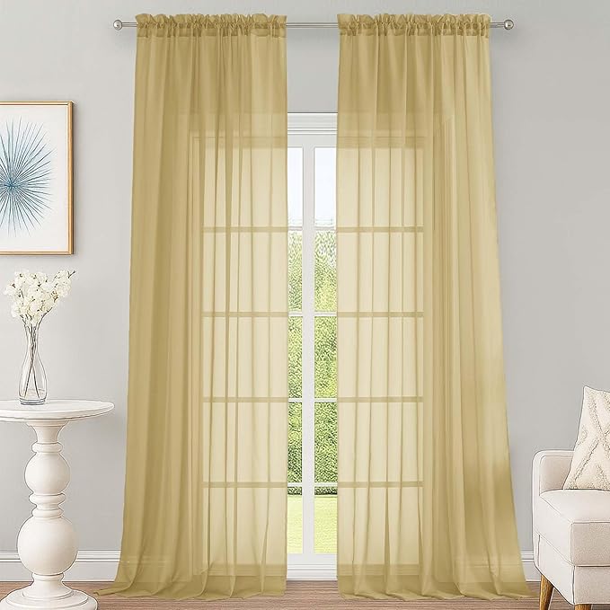 OWENIE Sheer Gold Curtains 108 Inches Long for Living Room Bedroom 2 Panels Set, Lightweight Airy Gold Sheer Curtain, Filmy Voile Rod Pocket, 2 PCS, Each 59" W x 108" L