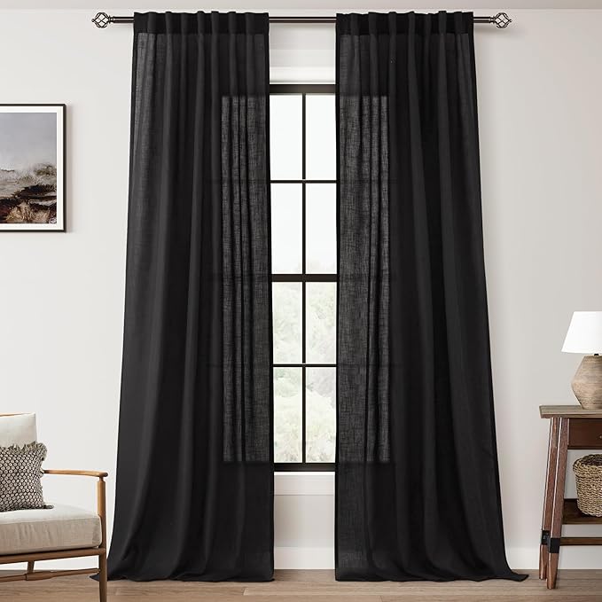 Black Linen Curtains 120 inches Long for Bedroom Back Tab Light Filtering Privacy Semi Sheer Black Curtains Living Room Boho Rustic Farmhouse Cotton Textured Gauze Curtain 2 Panel Set