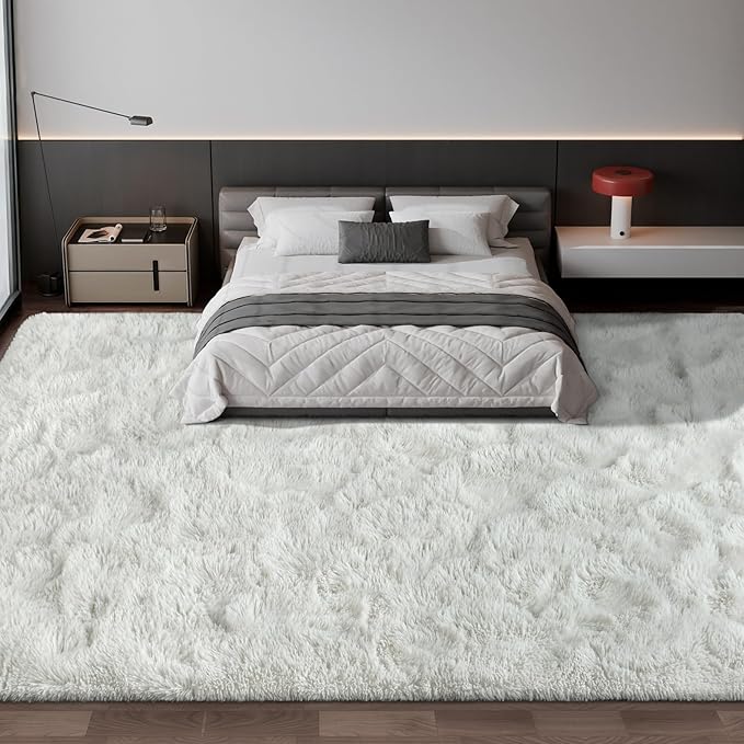 Deerhoo Large Shag Area Rugs 10 x 14, Tie-Dyed Plush Fuzzy Rug for Living Room, Ultra Soft Fluffy Furry Rugs for Bedroom, Anti-Skid Indoor Carpet Nursery Rugs for Kids Room Home Decor, White