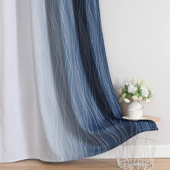 Estelar Textiler Blackout Curtains 102 Inches Long 2 Panels for Living Room, Navy Blue and Greyish White Thermal Insulated Full Light Blocking Ombre Grommet Drapes for Bedroom, 52Wx102L