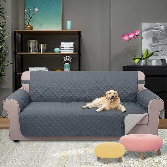 U-NICE HOME Reversible Sofa Cover Couch Cover for Dogs with Elastic Straps Water Resistant Furniture Protector for Pets Couch Cover for 3 Cushion Couch (Sofa, Dark Blue/Light Grey)