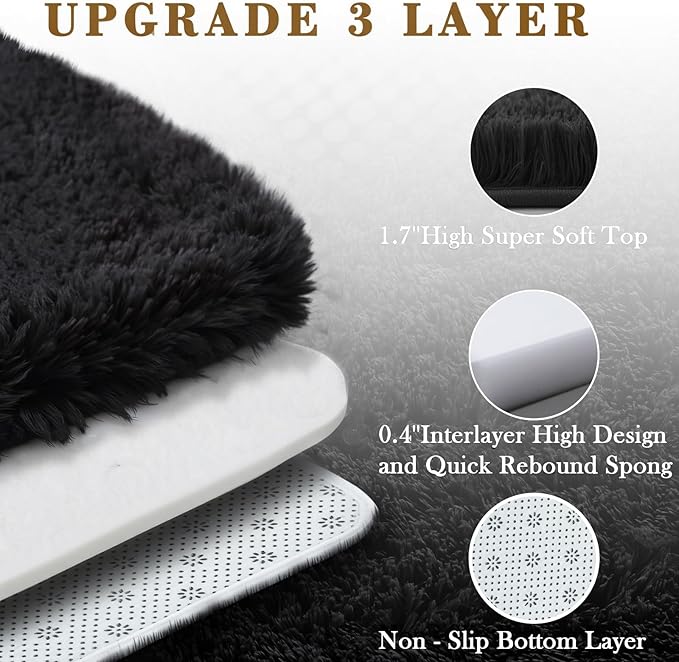 Black Rug for Bedroom, Small Area Rugs 3x5, Non-Shedding Indoor Shaggy Rug for Living Room Home Decor(3 x 5, Black)
