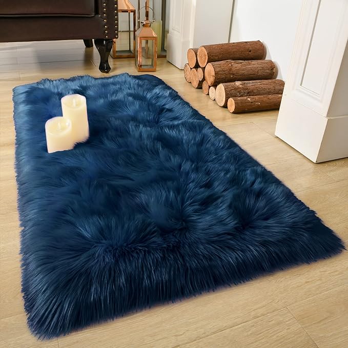LOCHAS Soft Fluffy Faux Fur Rugs for Bedroom Bedside Rug 2x4 Feet, Washable, Furry Sheepskin Area Rug for Living Room Girls Room, Luxury Shag Carpet Home Decor, Light Navy