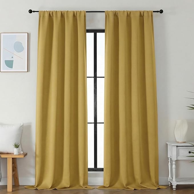 Simplebrand Ava Bright Gold Blackout Curtains for Bedroom 96 Inches Long 2 Panels, Solid Thermal Insulated, Energy Saving Nursery Window Treatment Curtains Blackout Drapes, W40 x L96 Inch, Bright Gold