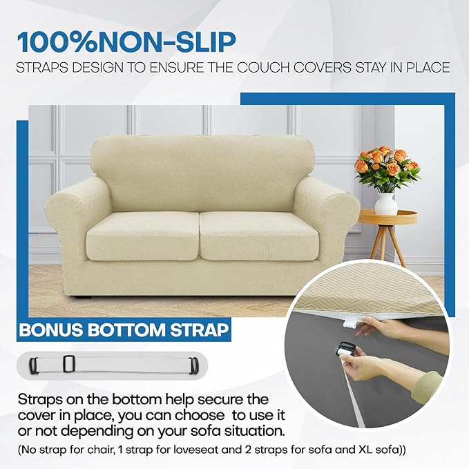 XINEAGE New 2 Pieces Chair Covers with Arms Super Stretch Chair Slipcover for Living Room Pet Dog Universal Slip Cover Anti Slip Armchair Furniture Protector (Light Beige), 31"-46"(1 Cushion)