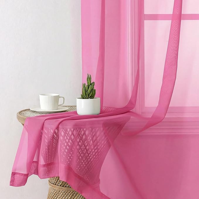 Aiyufeng Hot Pink Sheer Curtains 63 Inch Length 2 Panels Set for Living Room, Light Filtering Hot Pink Window Sheers Drapes for Bedroom, Each 42" W x 63" L