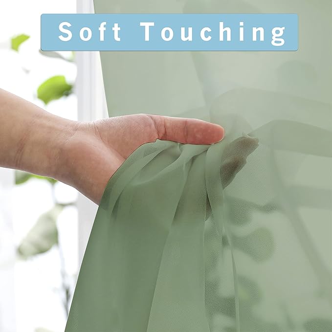 OWENIE Sage Sheer Curtains 144 inch Extra Long, Elegant and Airy Drapes Translucent Window Treatments for Living Room/Bedroom, Sage Green, 2 Panels=84" Wide