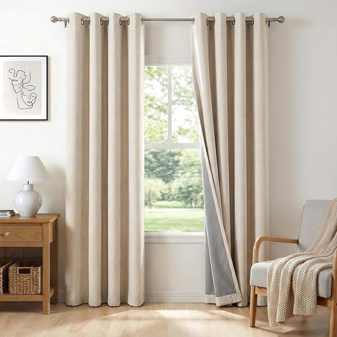 100% Blackout Shield Linen Blackout Curtains for Bedroom, Oatmeal Grommet Curtains for Living Room, Thermal Insulated Room Darkening Drapes for Nursery, Boho Home Decor, 50" W x 108" L, 2 Panels