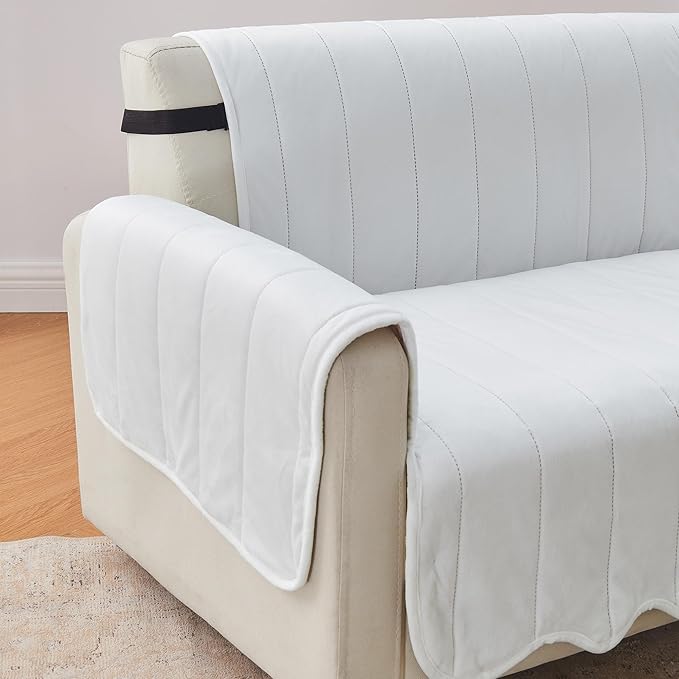 Great Bay Home Velvet Loveseat Cover - Washable Slipcover Furniture Protector with Elastic Straps - Furniture Cover for Dogs, Kids, and Pets - Stitched Detail (White)