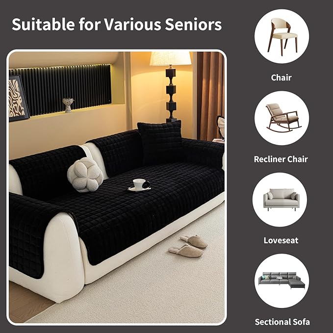 Velvet Couch Cover, Plush Sectional Sofa Cover Washable, Anti Slip Sofa Slipcover for 4 Cushions Sofas, Furniture Protector Covers for Pets & Kids(1PC, Black, 35.4"×94.5", 4-Seater)